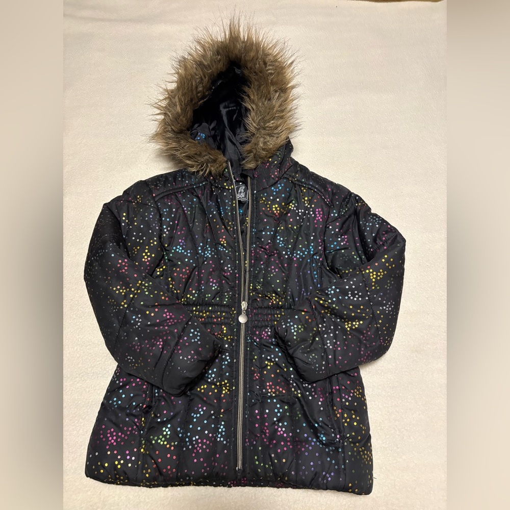 Kids Multicolor Puffer Jacket with Faux Fur Hood